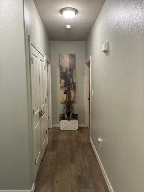 Hallway painted in a warm gray with white doors and trim, dark wood floor, a tall painting at the far end
