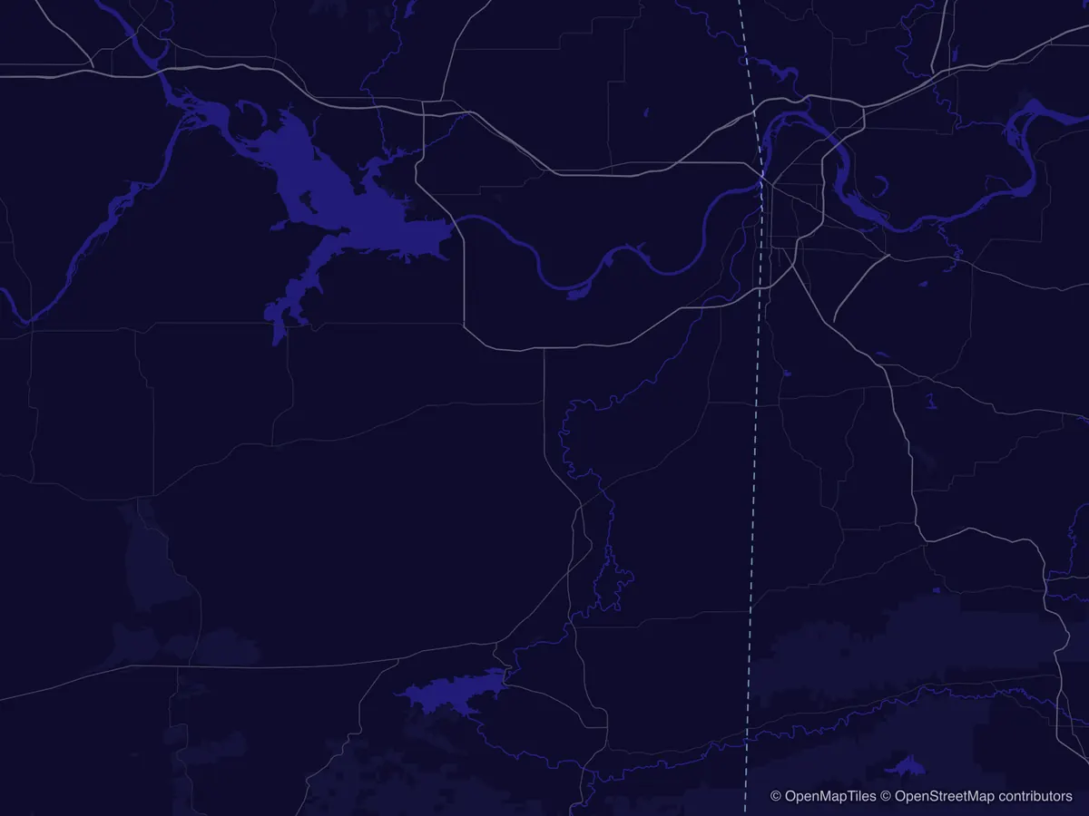A road map of the River Valley from Stigler, OK to Alma, AR, with the Arkansas River and the Oklahoma and Arkansas state line